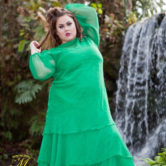 VINTAGE 70s Green Chiffon Gown Plus Size - Picture 2 of 3